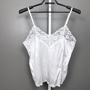 Vintage Velrose Camisole Cami Size 42 White Antron III Nylon Wide Lace Top USA